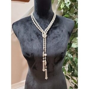 Traci Lynn Necklace, Silver Tone, Twisted Double Chain Knot, Drape Tassel